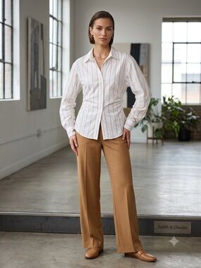 Judith & Charles Tailored Striped Shirt with Ruching Details Size 14 White & Tan